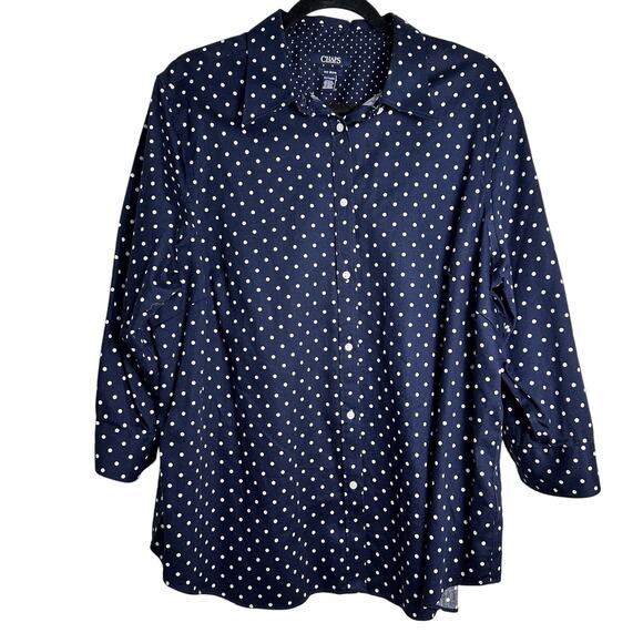 CHAPS RALPH LAUREN WOMEN'S NAVY BLUE POLKA DOT Contrast Cuff Sleeve SHIRT 2x - Picture 1 of 10